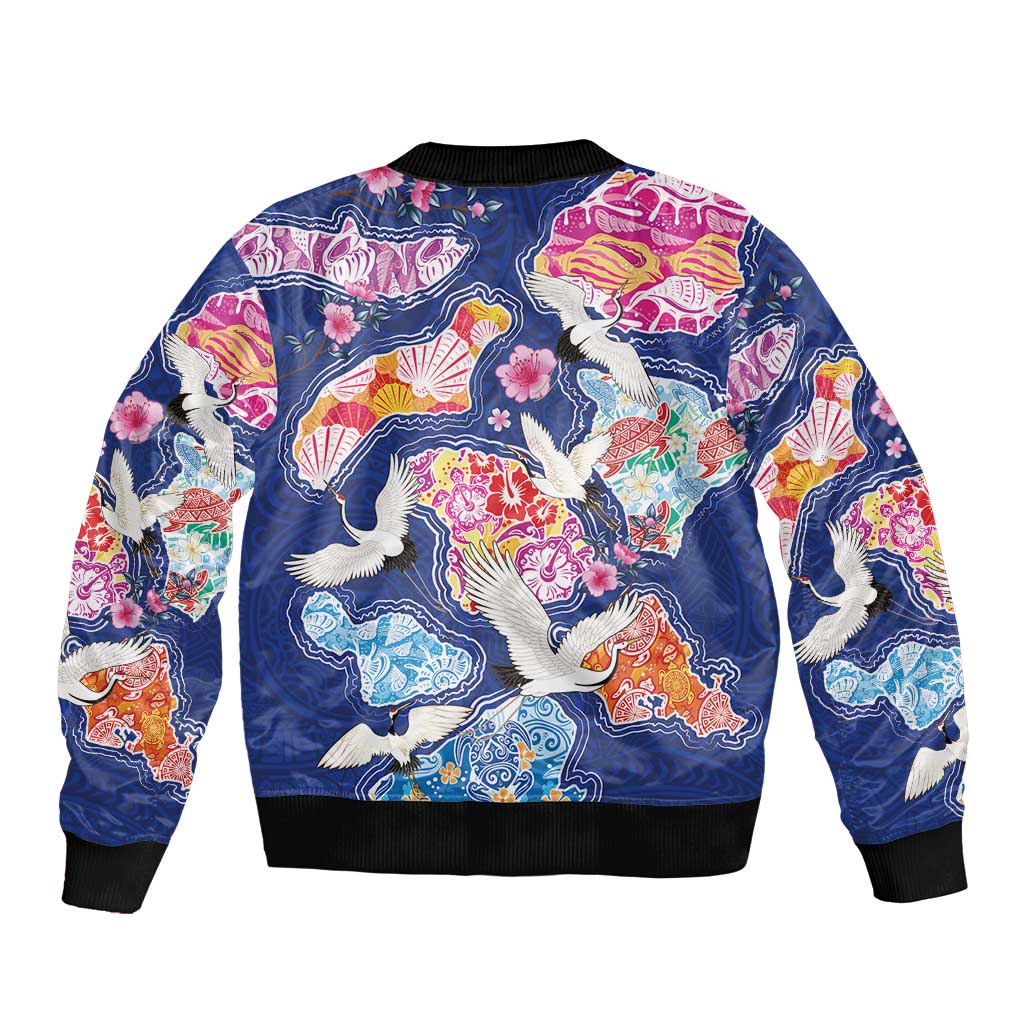 Hawaiian and Japanese Culture Together Bomber Jacket Hawaiian Archipelago Shape Sea Animals