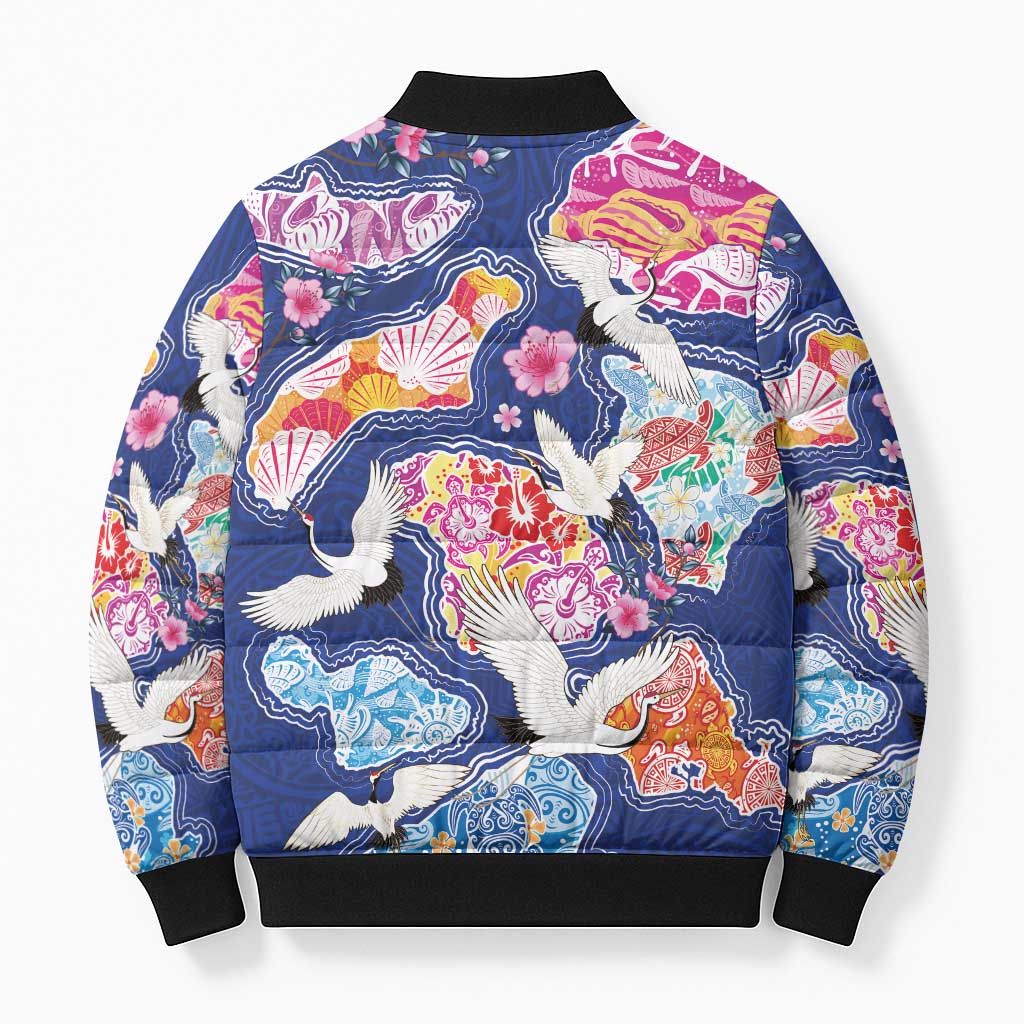 Hawaiian and Japanese Culture Together Bomber Puffer Jacket Hawaiian Archipelago Shape Sea Animals