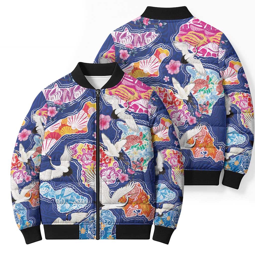 Hawaiian and Japanese Culture Together Bomber Puffer Jacket Hawaiian Archipelago Shape Sea Animals