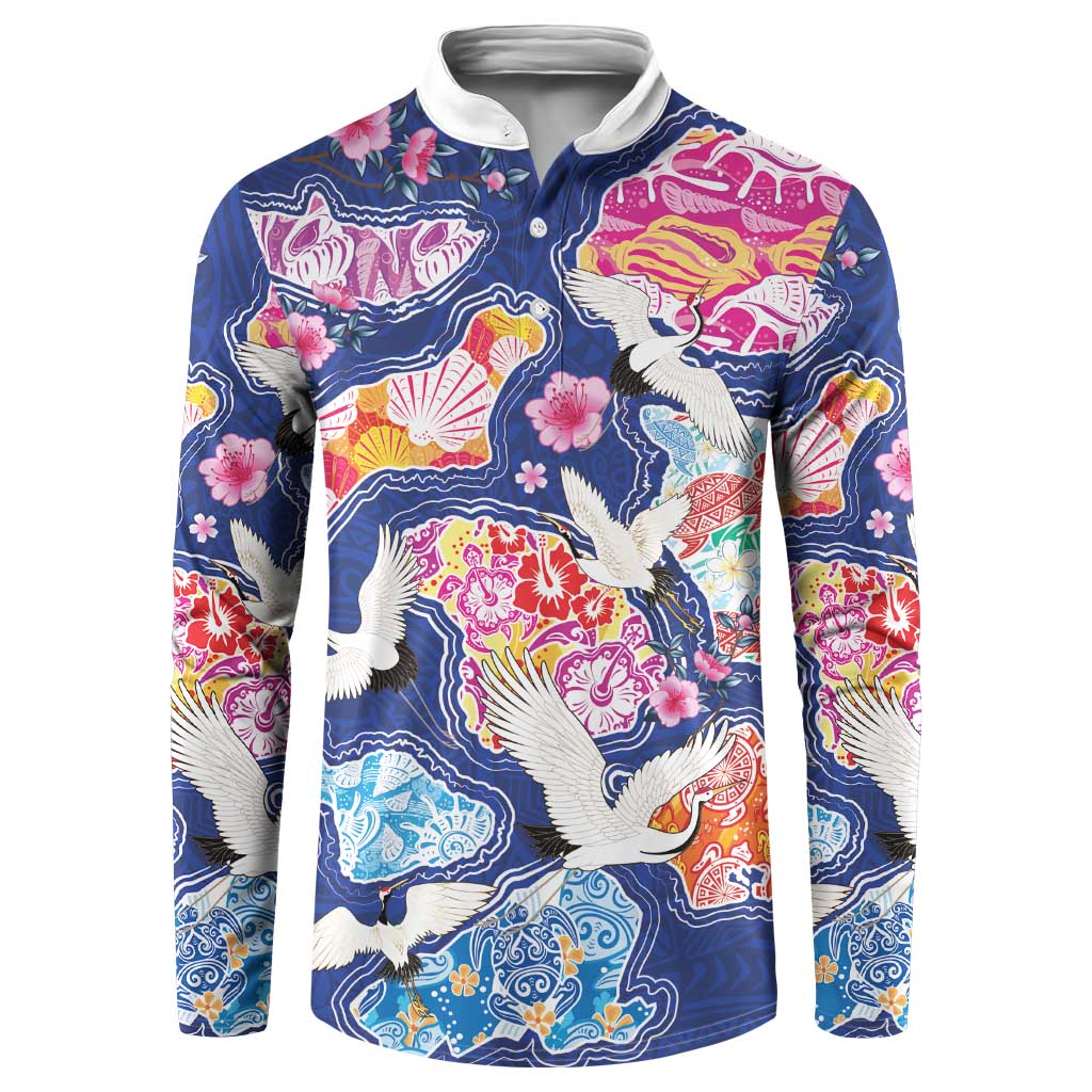 Hawaiian and Japanese Culture Together Button Sweatshirt Hawaiian Archipelago Shape Sea Animals