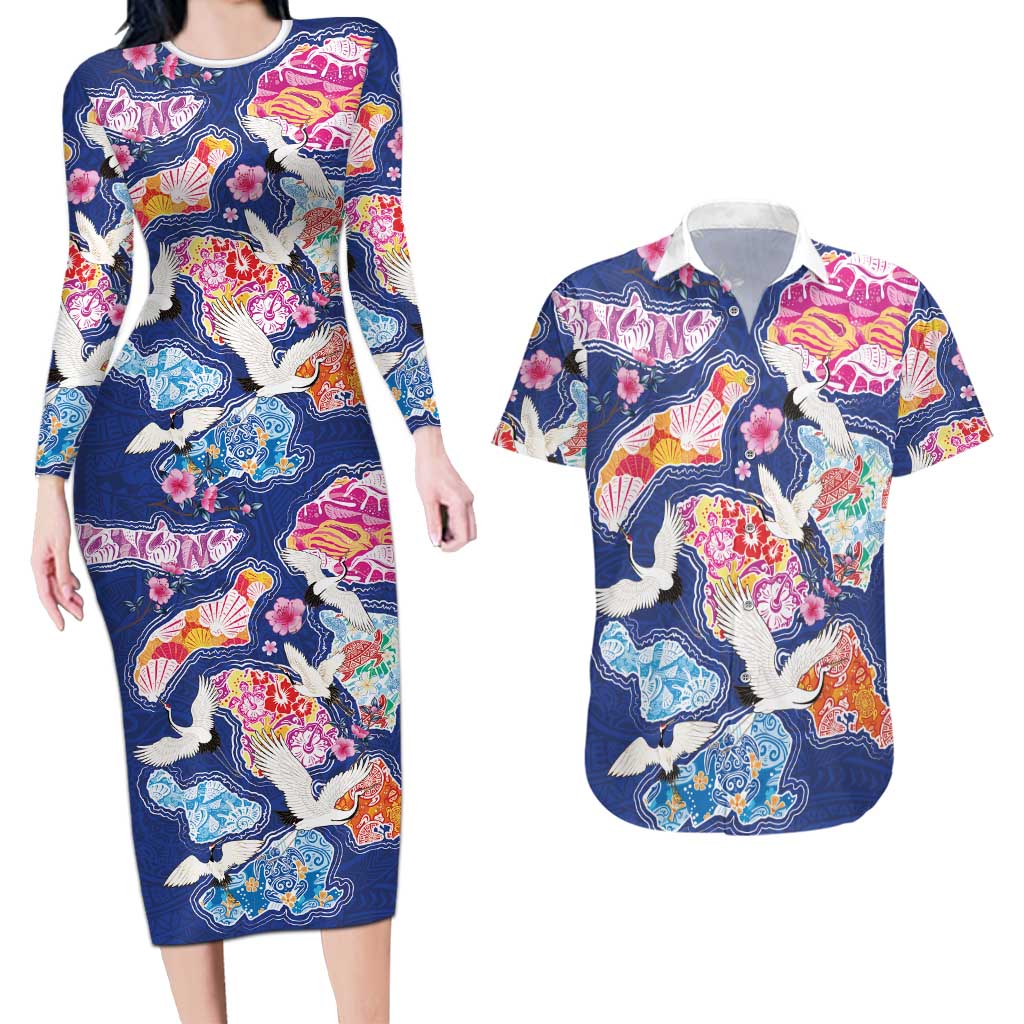 Hawaiian and Japanese Culture Together Couples Matching Long Sleeve Bodycon Dress and Hawaiian Shirt Hawaiian Archipelago Shape Sea Animals LT03 Multicolor - Polynesian Pride