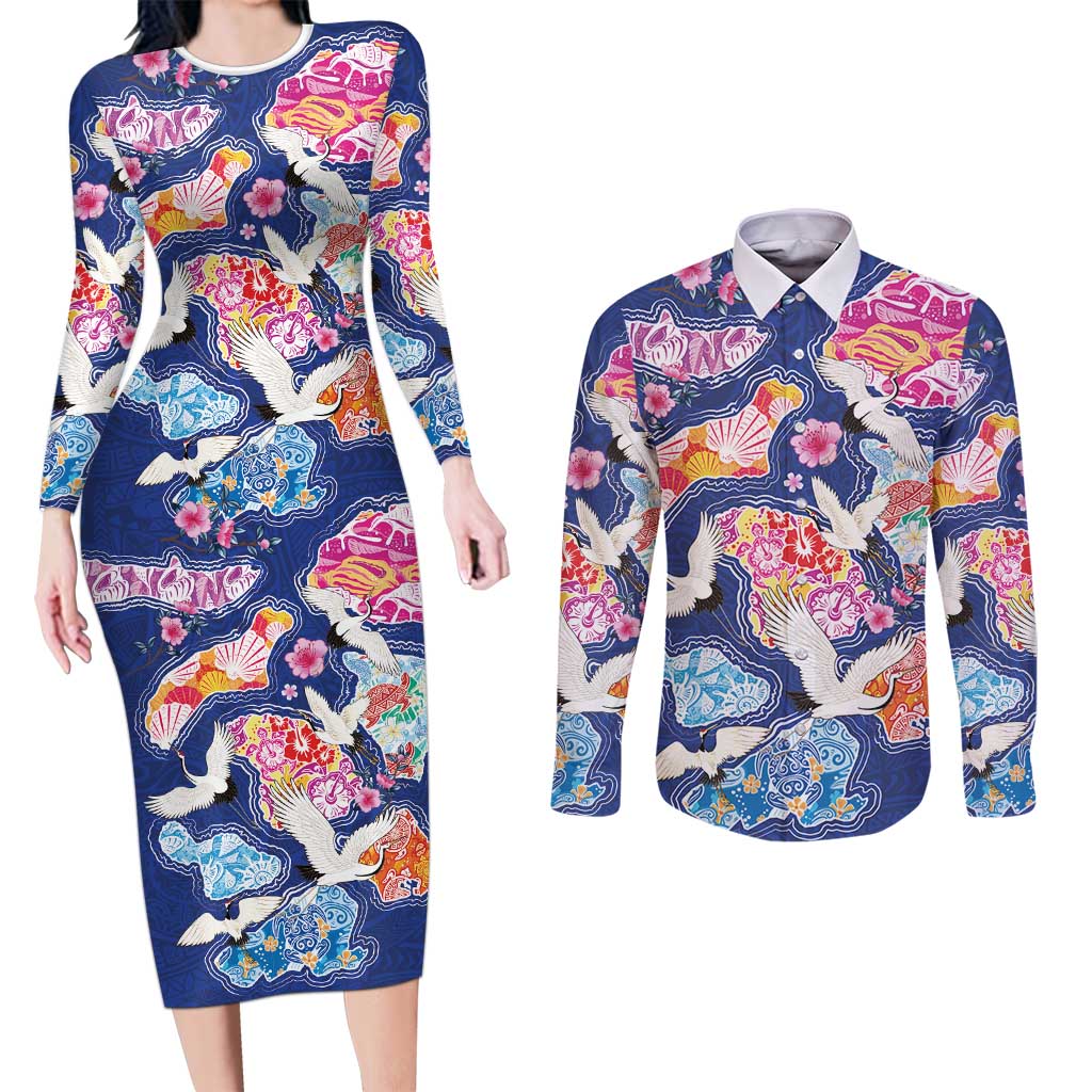Hawaiian and Japanese Culture Together Couples Matching Long Sleeve Bodycon Dress and Long Sleeve Button Shirt Hawaiian Archipelago Shape Sea Animals