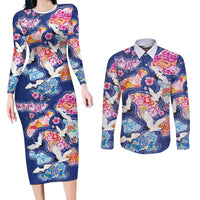 Hawaiian and Japanese Culture Together Couples Matching Long Sleeve Bodycon Dress and Long Sleeve Button Shirt Hawaiian Archipelago Shape Sea Animals LT03 Multicolor - Polynesian Pride