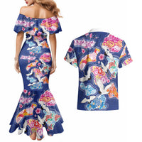 Hawaiian and Japanese Culture Together Couples Matching Mermaid Dress and Hawaiian Shirt Hawaiian Archipelago Shape Sea Animals LT03 - Polynesian Pride