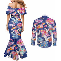 Hawaiian and Japanese Culture Together Couples Matching Mermaid Dress and Long Sleeve Button Shirt Hawaiian Archipelago Shape Sea Animals LT03 - Polynesian Pride
