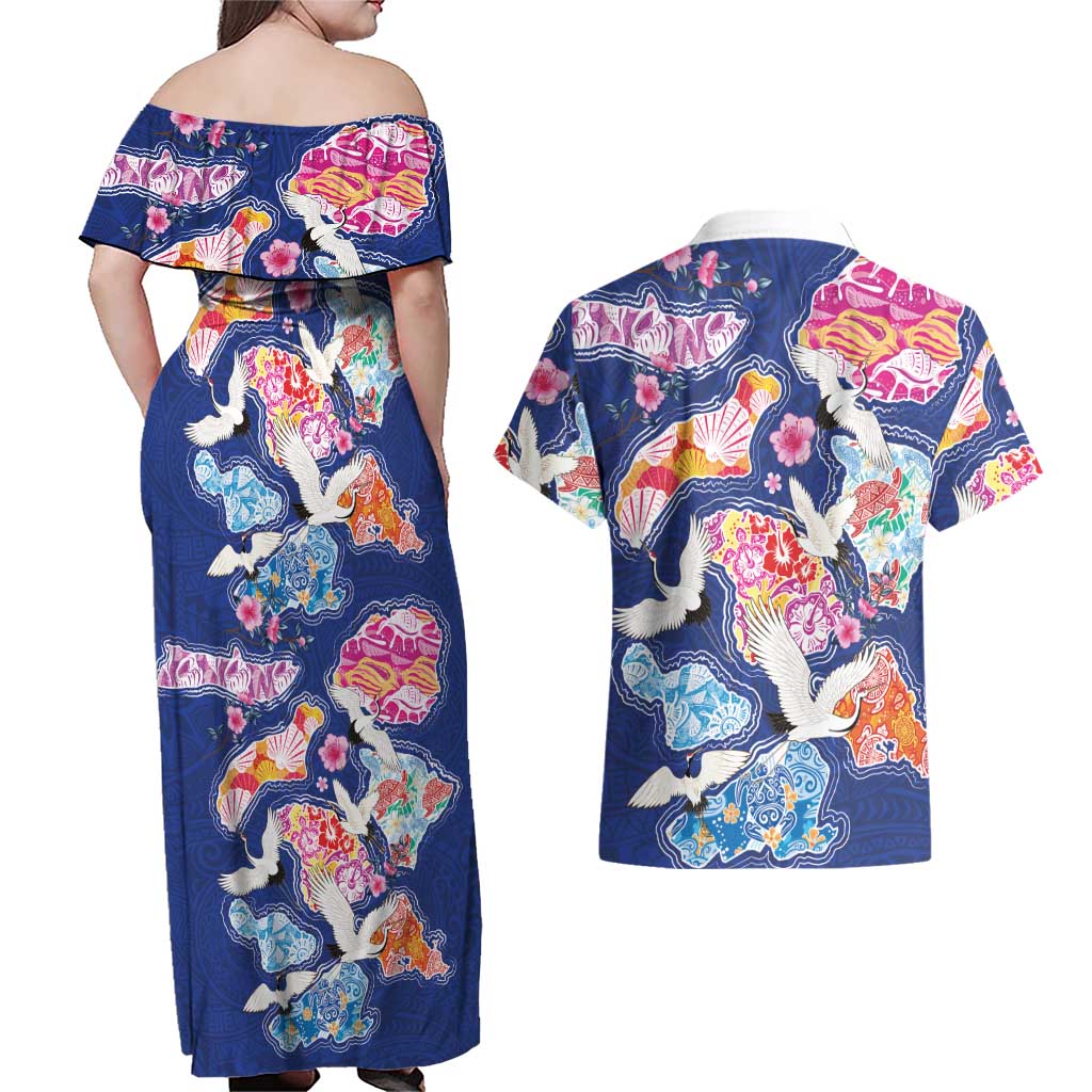 Hawaiian and Japanese Culture Together Couples Matching Off Shoulder Maxi Dress and Hawaiian Shirt Hawaiian Archipelago Shape Sea Animals LT03 - Polynesian Pride