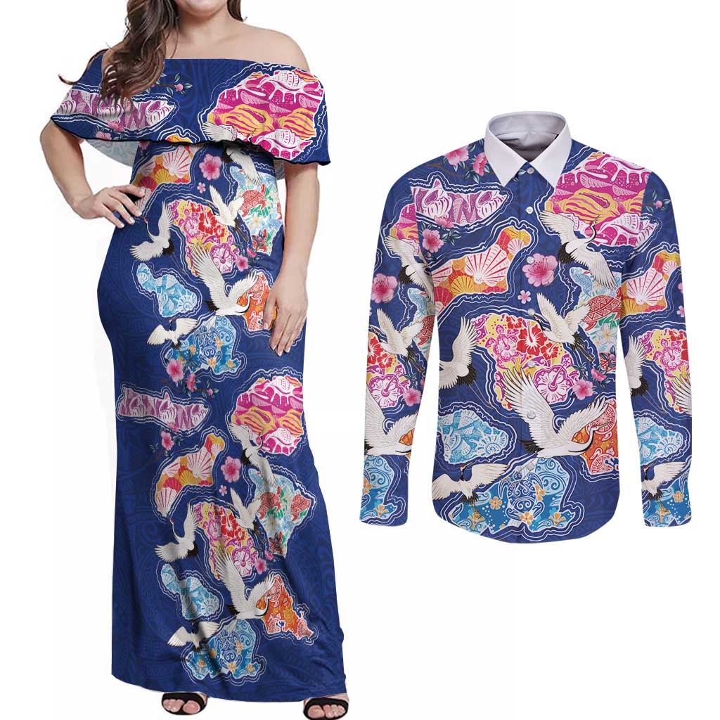 Hawaiian and Japanese Culture Together Couples Matching Off Shoulder Maxi Dress and Long Sleeve Button Shirt Hawaiian Archipelago Shape Sea Animals LT03 Multicolor - Polynesian Pride