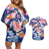 Hawaiian and Japanese Culture Together Couples Matching Off Shoulder Short Dress and Hawaiian Shirt Hawaiian Archipelago Shape Sea Animals LT03 Multicolor - Polynesian Pride
