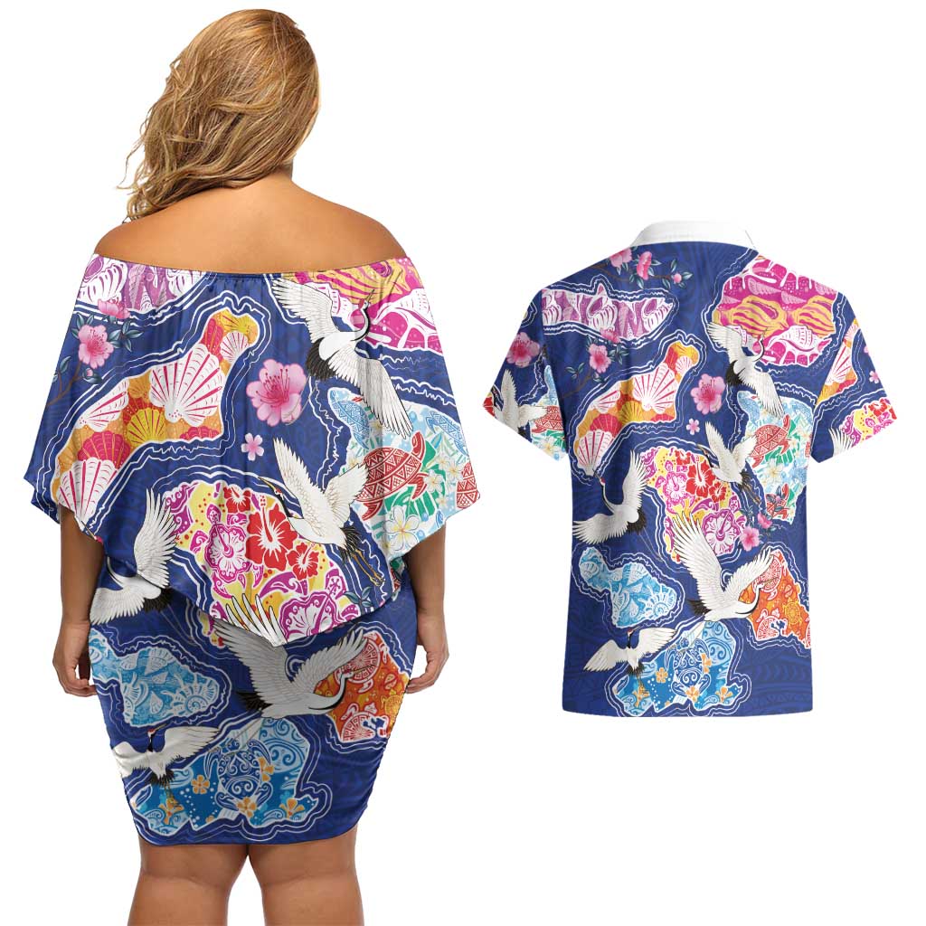 Hawaiian and Japanese Culture Together Couples Matching Off Shoulder Short Dress and Hawaiian Shirt Hawaiian Archipelago Shape Sea Animals LT03 - Polynesian Pride