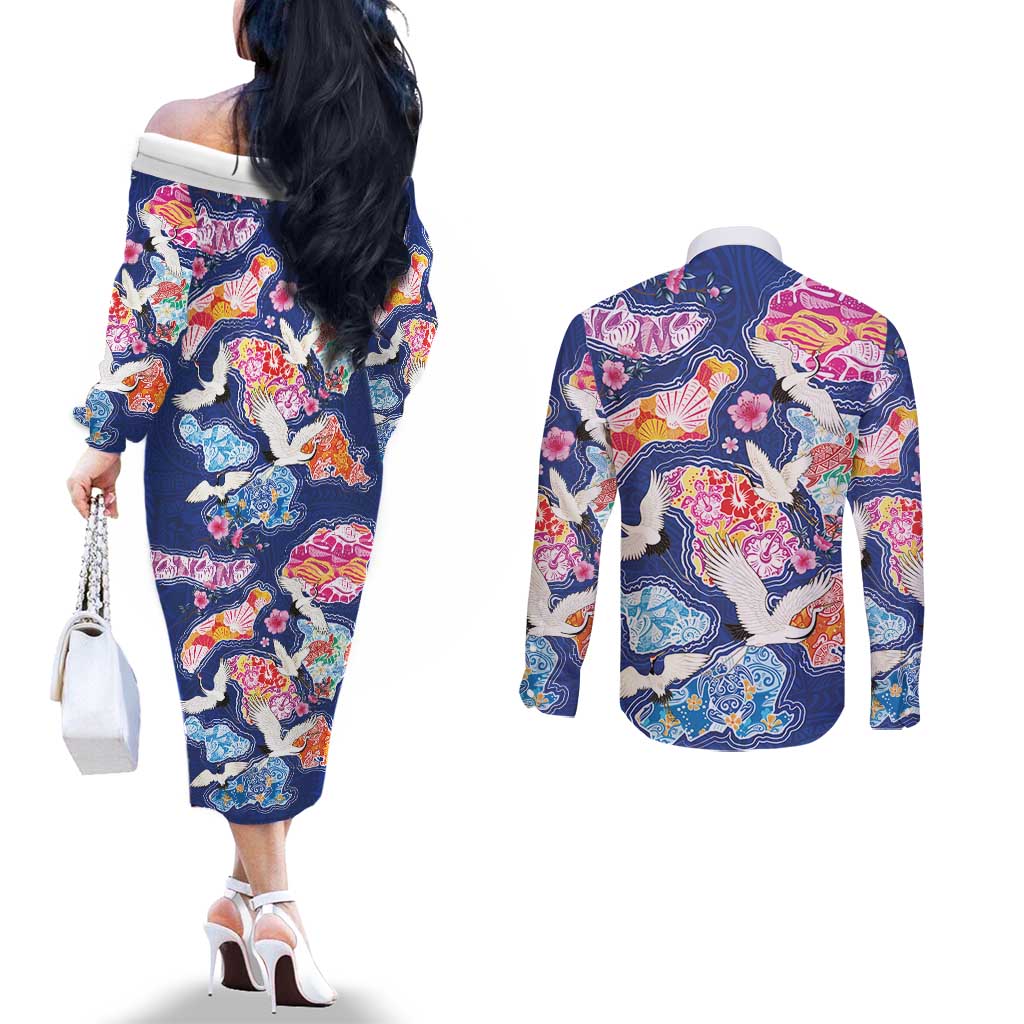 Hawaiian and Japanese Culture Together Couples Matching Off The Shoulder Long Sleeve Dress and Long Sleeve Button Shirt Hawaiian Archipelago Shape Sea Animals LT03 - Polynesian Pride