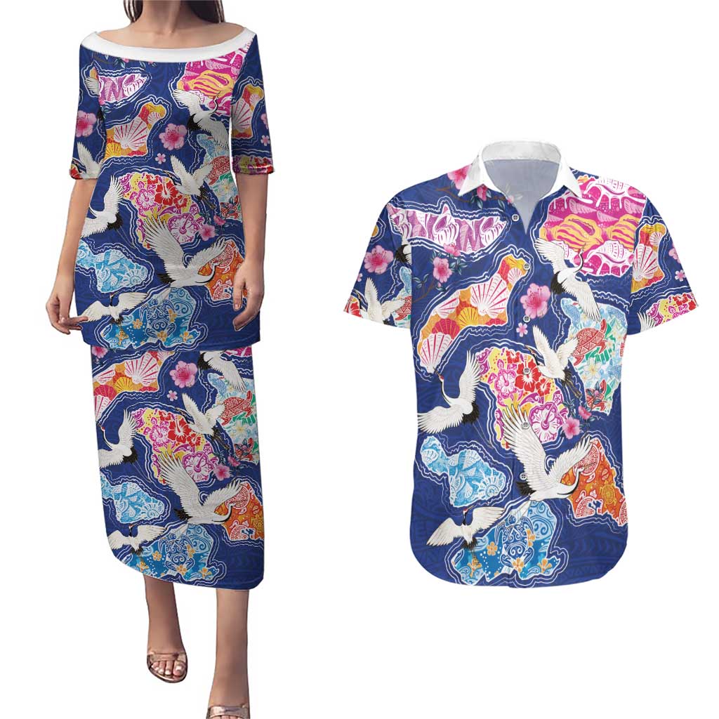 Hawaiian and Japanese Culture Together Couples Matching Puletasi and Hawaiian Shirt Hawaiian Archipelago Shape Sea Animals LT03 Multicolor - Polynesian Pride