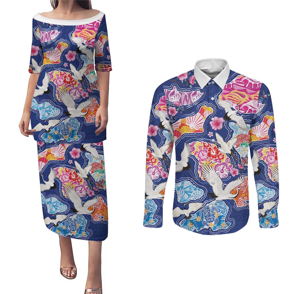Hawaiian and Japanese Culture Together Couples Matching Puletasi and Long Sleeve Button Shirt Hawaiian Archipelago Shape Sea Animals LT03 Multicolor - Polynesian Pride
