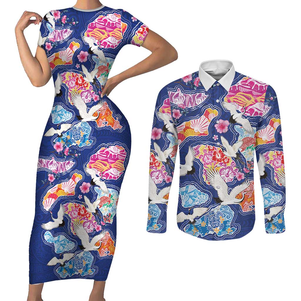Hawaiian and Japanese Culture Together Couples Matching Short Sleeve Bodycon Dress and Long Sleeve Button Shirt Hawaiian Archipelago Shape Sea Animals LT03 Multicolor - Polynesian Pride