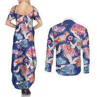 Hawaiian and Japanese Culture Together Couples Matching Summer Maxi Dress and Long Sleeve Button Shirt Hawaiian Archipelago Shape Sea Animals LT03 - Polynesian Pride