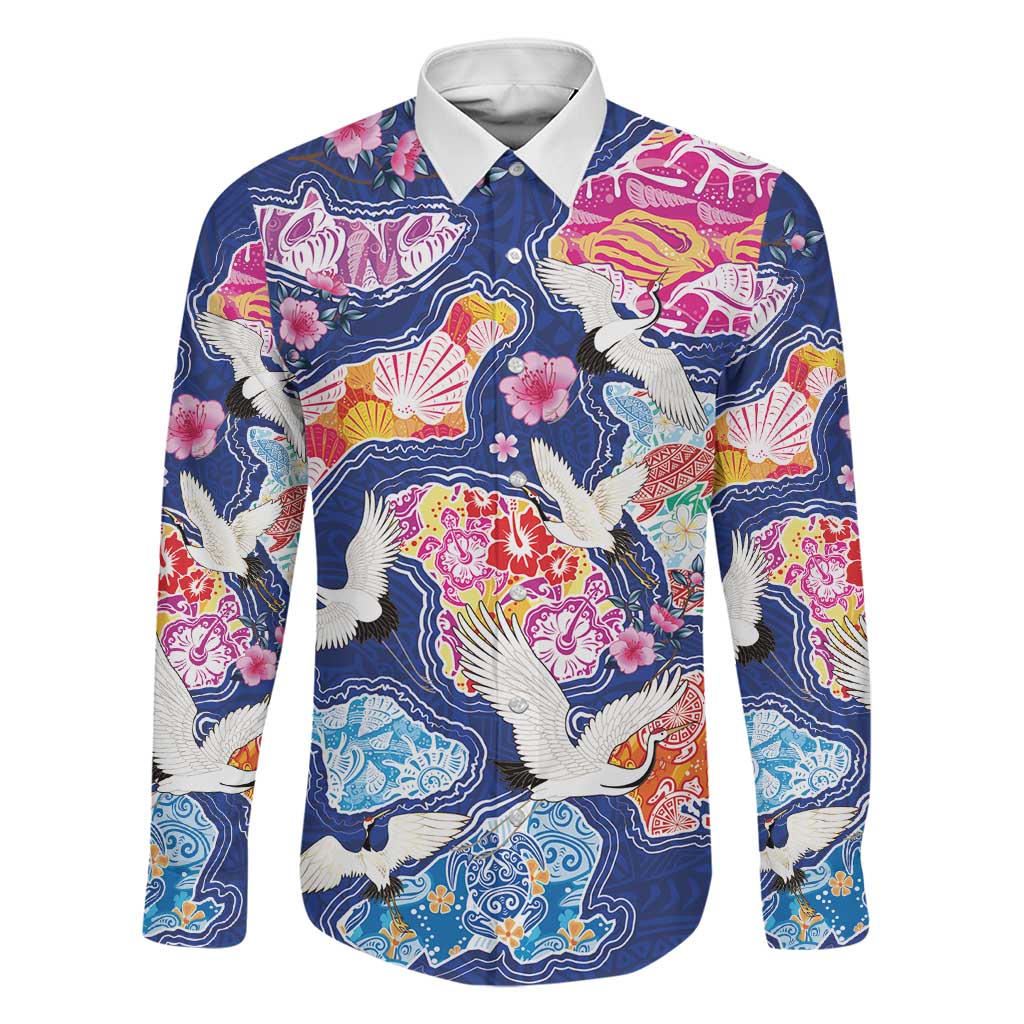 Hawaiian and Japanese Culture Together Family Matching Long Sleeve Bodycon Dress and Hawaiian Shirt Hawaiian Archipelago Shape Sea Animals LT03 Dad's Shirt - Long Sleeve Multicolor - Polynesian Pride
