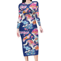 Hawaiian and Japanese Culture Together Family Matching Long Sleeve Bodycon Dress and Hawaiian Shirt Hawaiian Archipelago Shape Sea Animals LT03 Mom's Dress Multicolor - Polynesian Pride