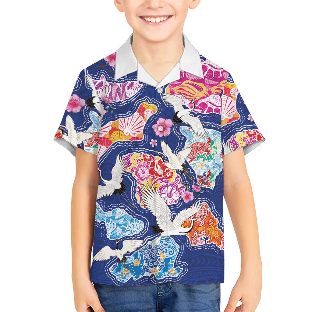 Hawaiian and Japanese Culture Together Family Matching Long Sleeve Bodycon Dress and Hawaiian Shirt Hawaiian Archipelago Shape Sea Animals LT03 Son's Shirt Multicolor - Polynesian Pride