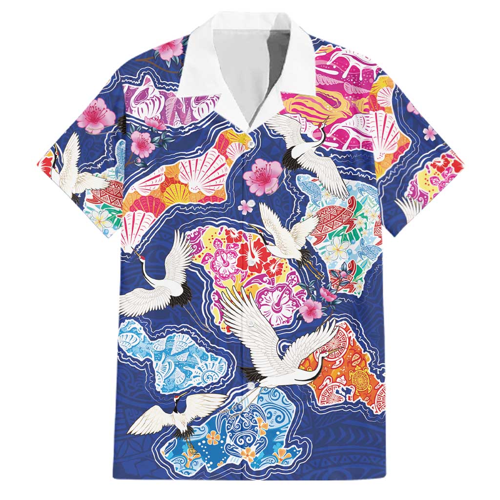 Hawaiian and Japanese Culture Together Family Matching Off The Shoulder Long Sleeve Dress and Hawaiian Shirt Hawaiian Archipelago Shape Sea Animals LT03 Dad's Shirt - Short Sleeve Multicolor - Polynesian Pride