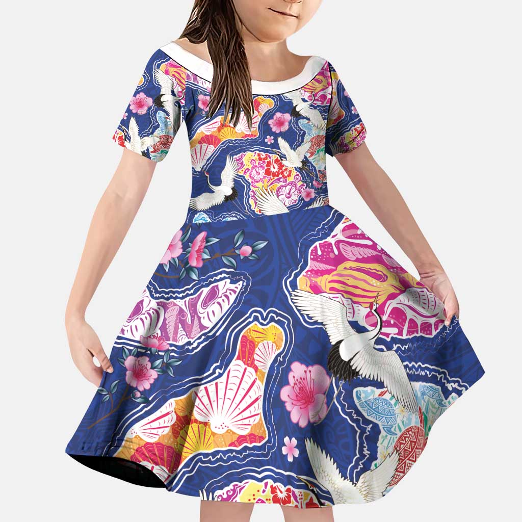 Hawaiian and Japanese Culture Together Family Matching Off Shoulder Maxi Dress and Hawaiian Shirt Hawaiian Archipelago Shape Sea Animals LT03 Daughter's Dress Multicolor - Polynesian Pride