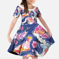 Hawaiian and Japanese Culture Together Family Matching Puletasi and Hawaiian Shirt Hawaiian Archipelago Shape Sea Animals LT03 Daughter's Dress Multicolor - Polynesian Pride
