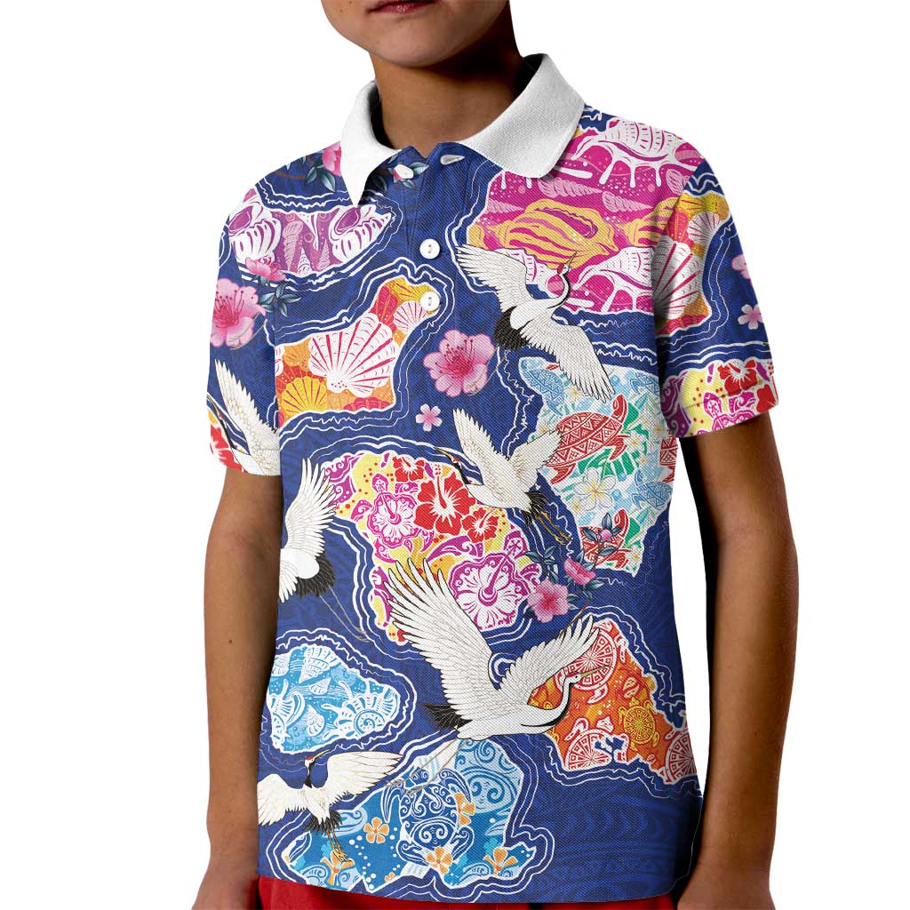 Hawaiian and Japanese Culture Together Kid Polo Shirt Hawaiian Archipelago Shape Sea Animals