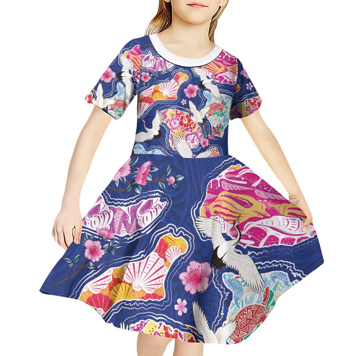 Hawaiian and Japanese Culture Together Kid Short Sleeve Dress Hawaiian Archipelago Shape Sea Animals