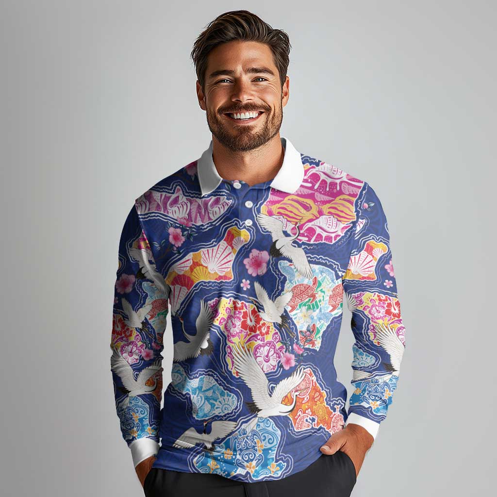 Hawaiian and Japanese Culture Together Long Sleeve Polo Shirt Hawaiian Archipelago Shape Sea Animals LT03 - Polynesian Pride