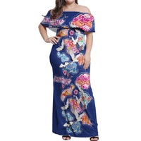 Hawaiian and Japanese Culture Together Off Shoulder Maxi Dress Hawaiian Archipelago Shape Sea Animals