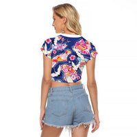 Hawaiian and Japanese Culture Together Raglan Cropped T Shirt Hawaiian Archipelago Shape Sea Animals