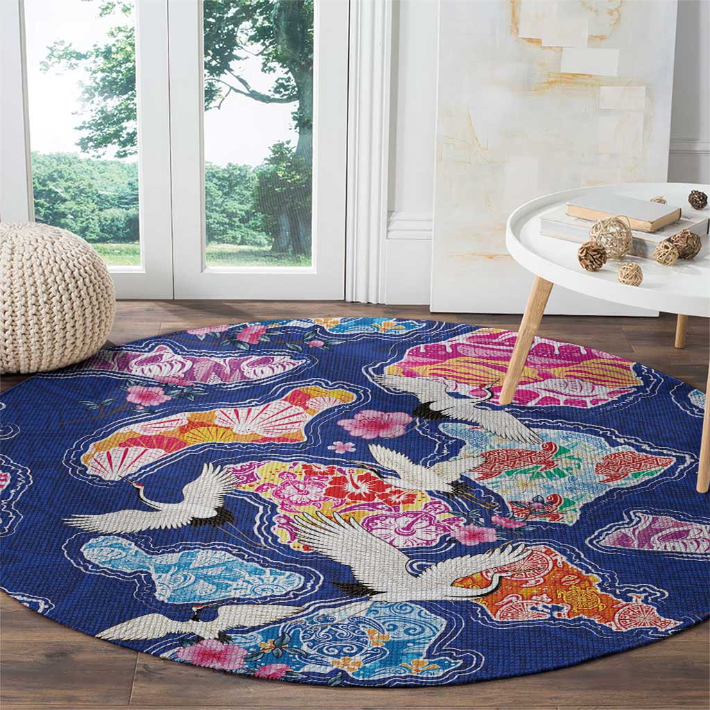 Hawaiian and Japanese Culture Together Round Carpet Hawaiian Archipelago Shape Sea Animals