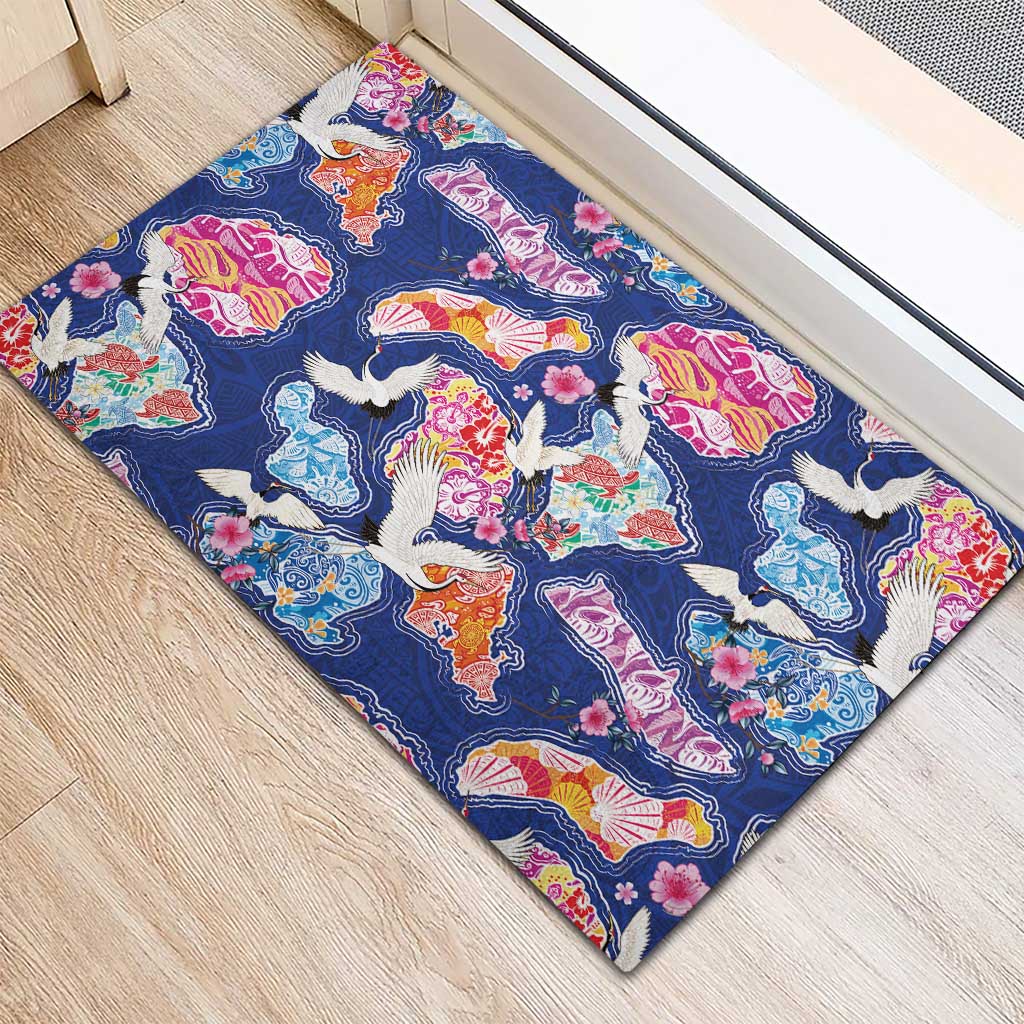 Hawaiian and Japanese Culture Together Rubber Doormat Hawaiian Archipelago Shape Sea Animals