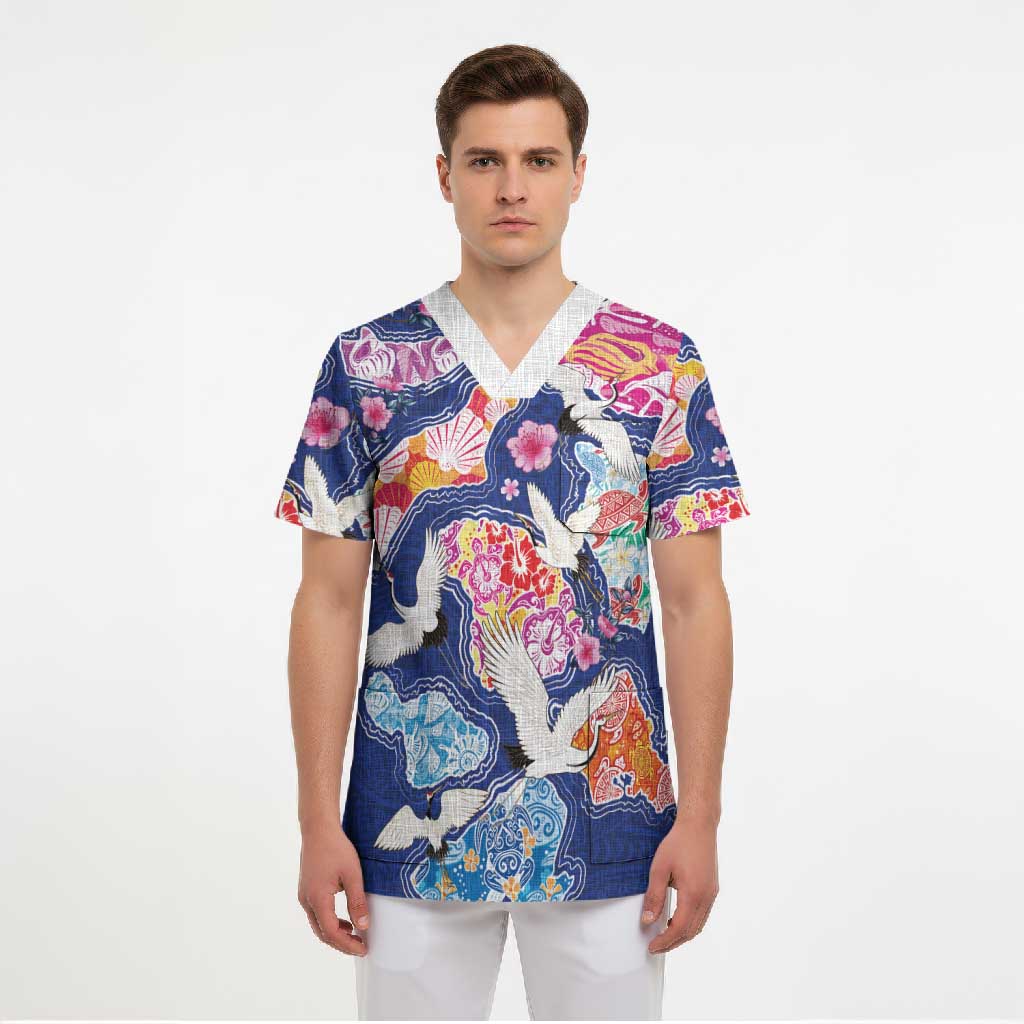 Hawaiian and Japanese Culture Together Scrub Top Hawaiian Archipelago Shape Sea Animals