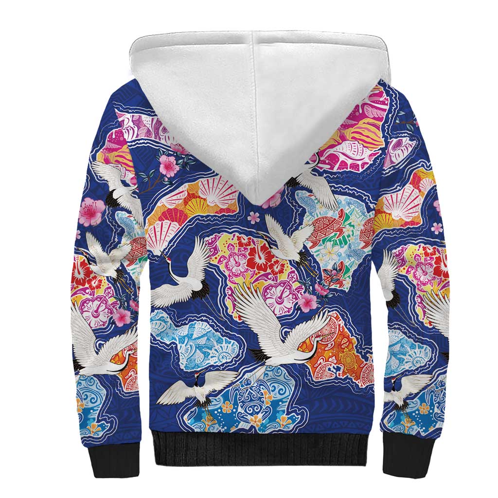 Hawaiian and Japanese Culture Together Sherpa Hoodie Hawaiian Archipelago Shape Sea Animals LT03 - Polynesian Pride