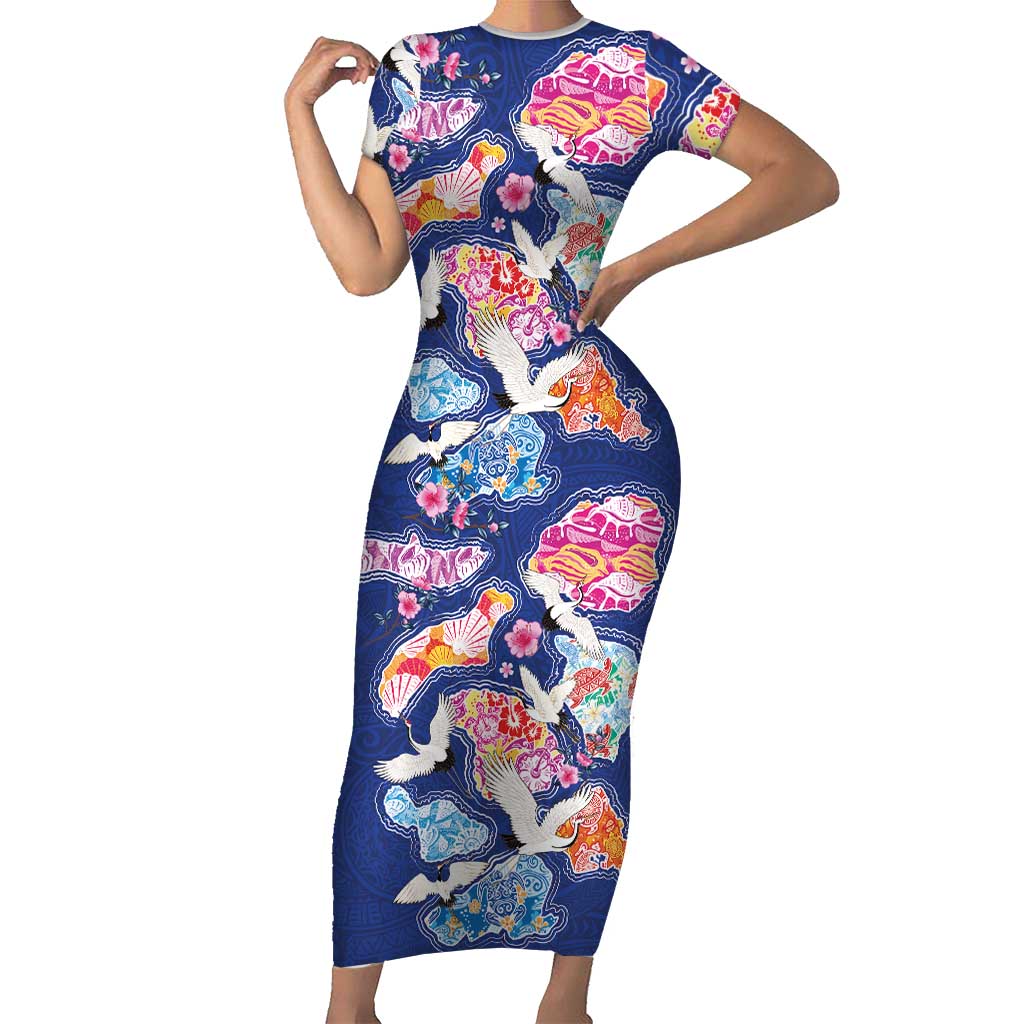 Hawaiian and Japanese Culture Together Short Sleeve Bodycon Dress Hawaiian Archipelago Shape Sea Animals