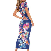 Hawaiian and Japanese Culture Together Short Sleeve Bodycon Dress Hawaiian Archipelago Shape Sea Animals LT03 - Polynesian Pride