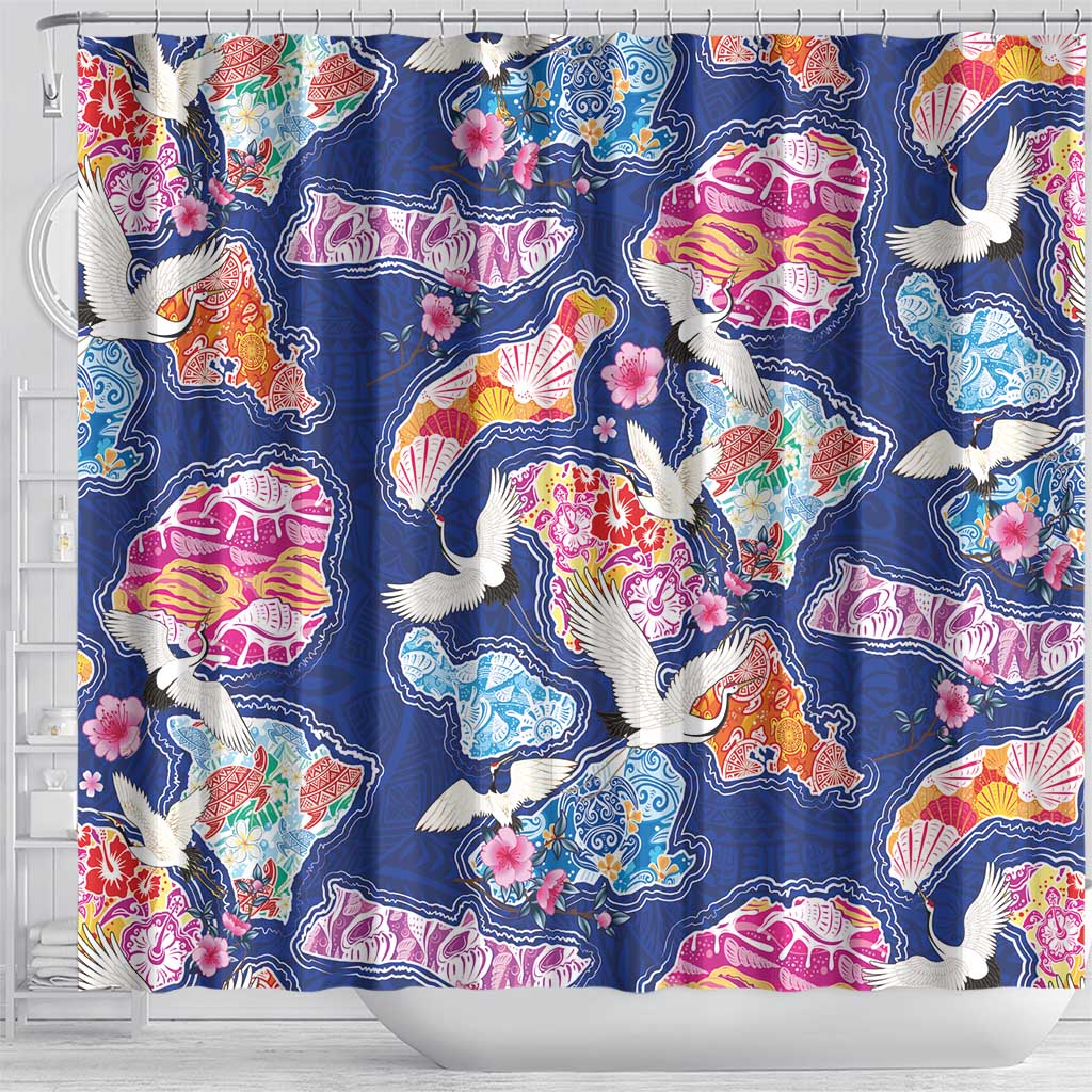 Hawaiian and Japanese Culture Together Shower Curtain Hawaiian Archipelago Shape Sea Animals