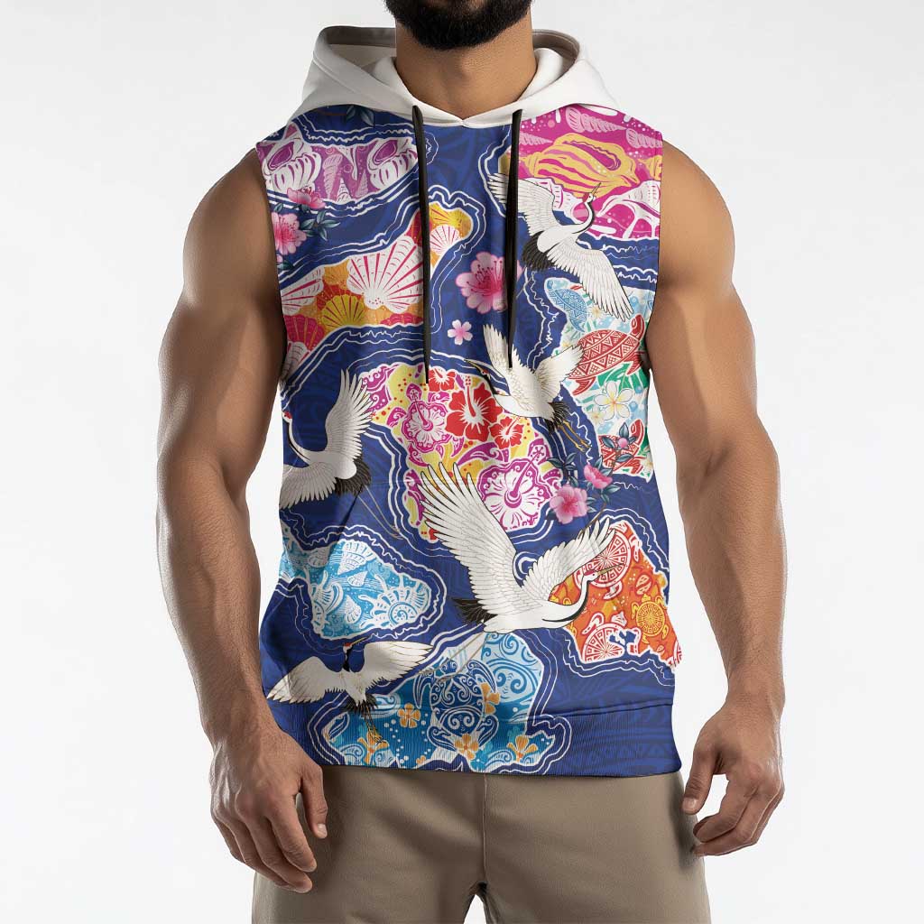 Hawaiian and Japanese Culture Together Sleeveless Hoodie Hawaiian Archipelago Shape Sea Animals