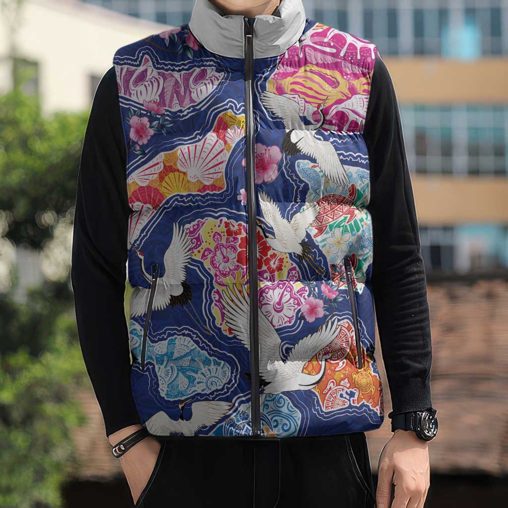 Hawaiian and Japanese Culture Together Sleeveless Puffer Jacket Hawaiian Archipelago Shape Sea Animals
