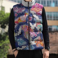 Hawaiian and Japanese Culture Together Sleeveless Puffer Jacket Hawaiian Archipelago Shape Sea Animals