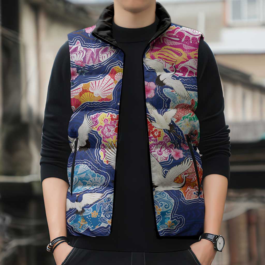 Hawaiian and Japanese Culture Together Sleeveless Puffer Jacket Hawaiian Archipelago Shape Sea Animals