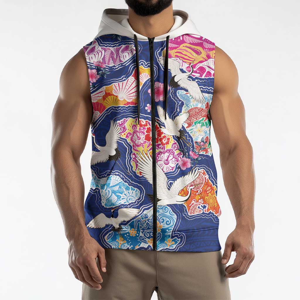 Hawaiian and Japanese Culture Together Sleeveless Zip Hoodie Hawaiian Archipelago Shape Sea Animals LT03 - Polynesian Pride