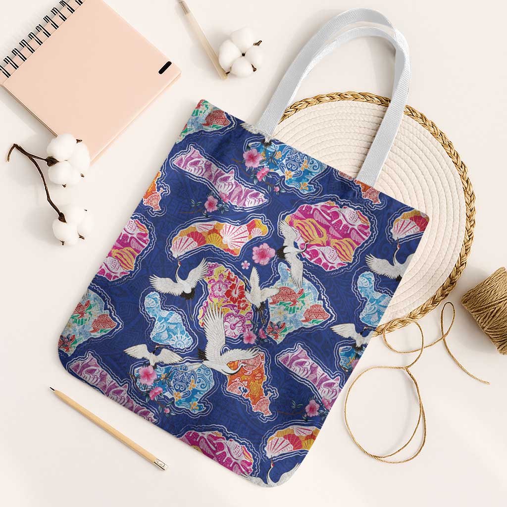 Hawaiian and Japanese Culture Together Tote Bag Hawaiian Archipelago Shape Sea Animals