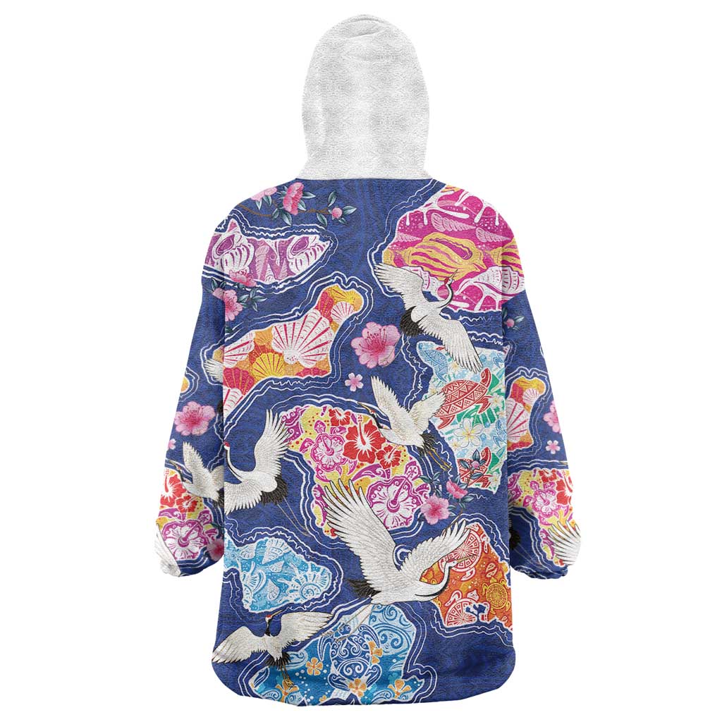 Hawaiian and Japanese Culture Together Wearable Blanket Hoodie Hawaiian Archipelago Shape Sea Animals LT03 - Polynesian Pride