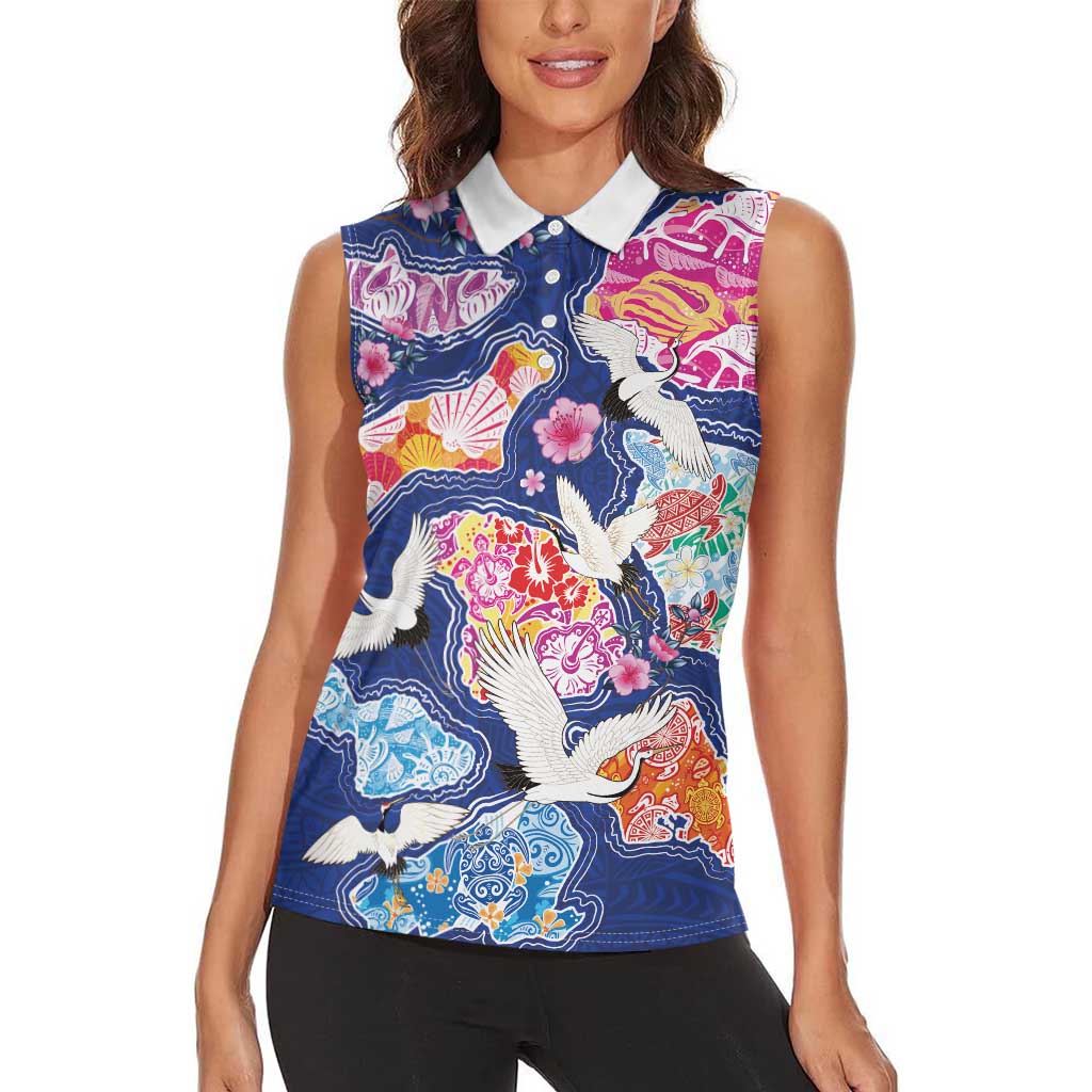 Hawaiian and Japanese Culture Together Women Sleeveless Polo Shirt Hawaiian Archipelago Shape Sea Animals LT03 - Polynesian Pride
