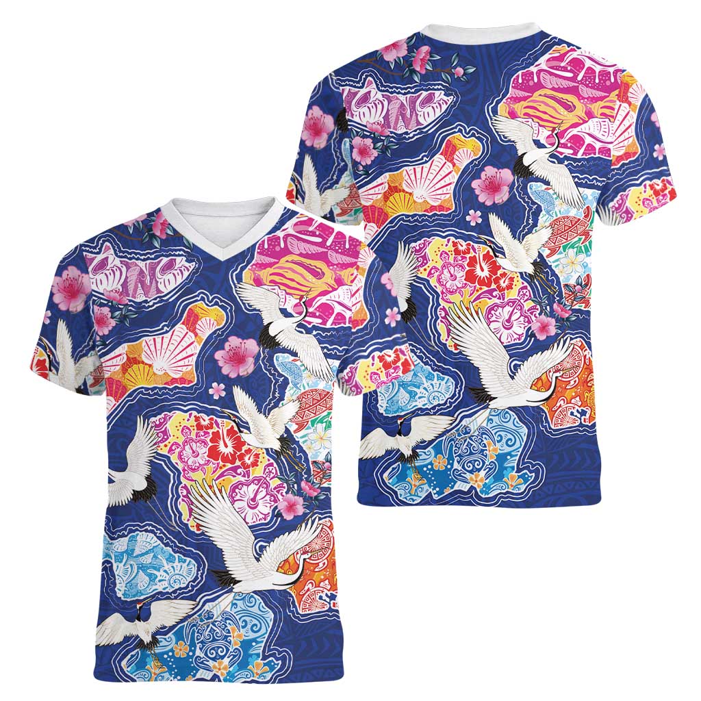 Hawaiian and Japanese Culture Together Women V-Neck T-Shirt Hawaiian Archipelago Shape Sea Animals LT03 - Polynesian Pride