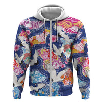 Hawaiian and Japanese Culture Together Zip Hoodie Hawaiian Archipelago Shape Sea Animals