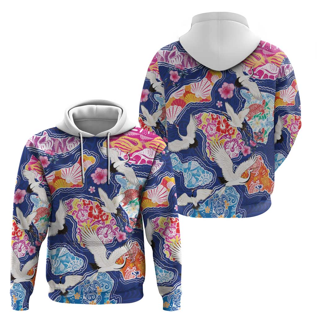 Hawaiian and Japanese Culture Together Zip Hoodie Hawaiian Archipelago Shape Sea Animals