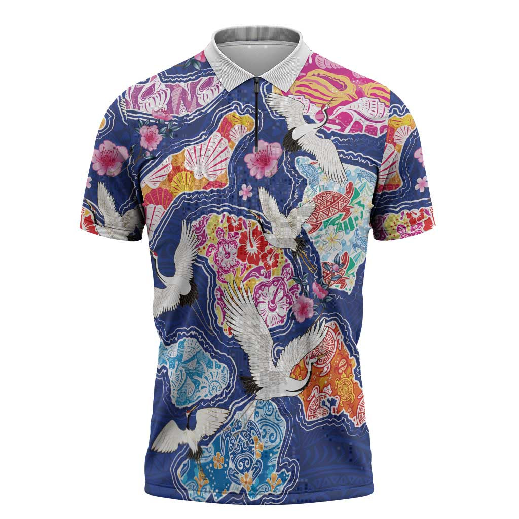 Hawaiian and Japanese Culture Together Zipper Polo Shirt Hawaiian Archipelago Shape Sea Animals