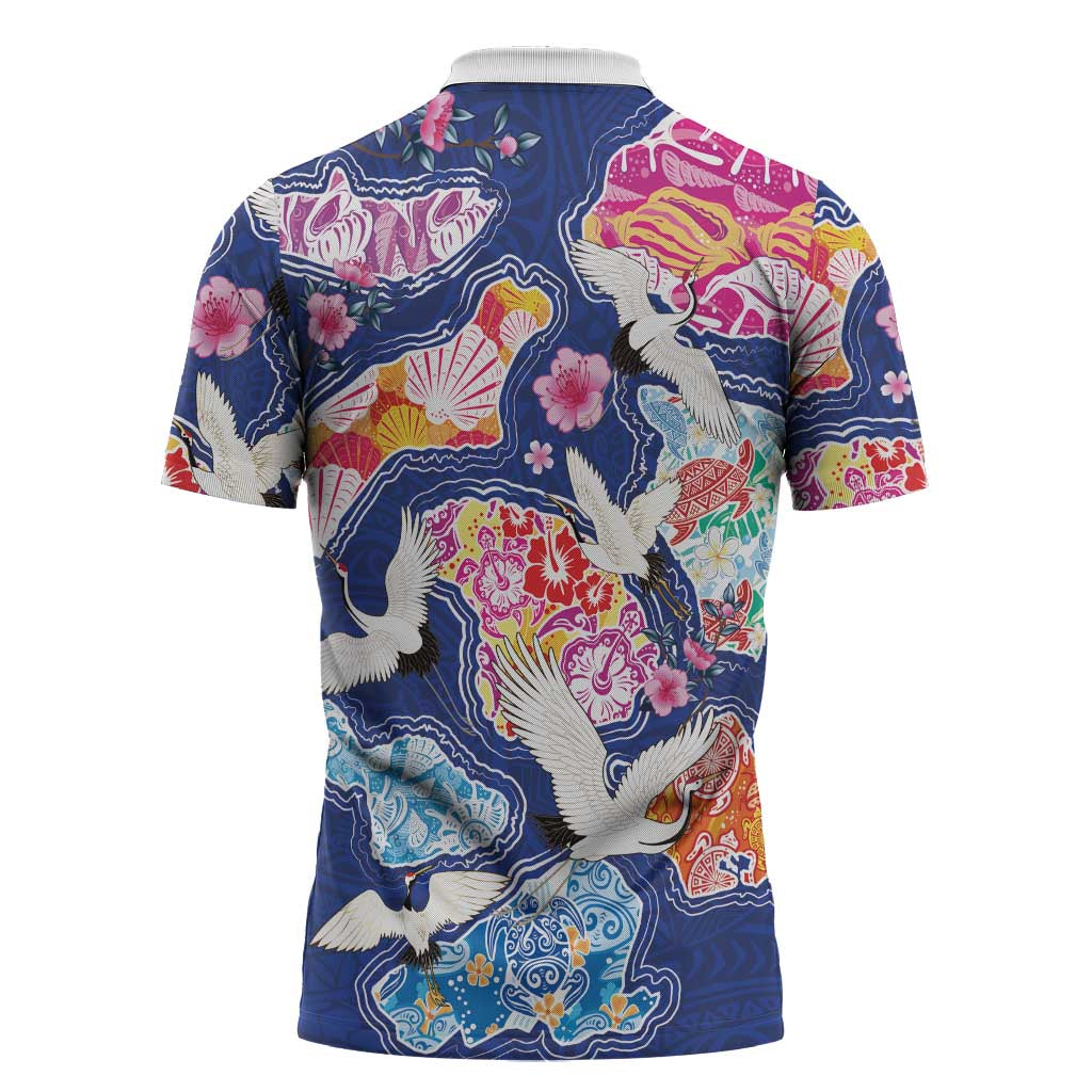 Hawaiian and Japanese Culture Together Zipper Polo Shirt Hawaiian Archipelago Shape Sea Animals LT03 - Polynesian Pride