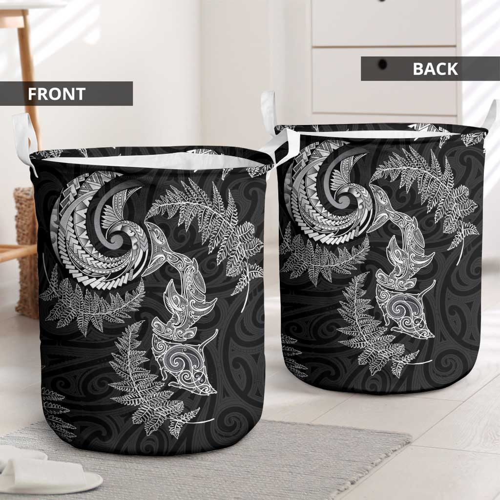 New Zealand Sea Animals with Maori Tribal Tattoo Laundry Basket Shark Manta Ray with Silver Fern Black LT03 - Polynesian Pride